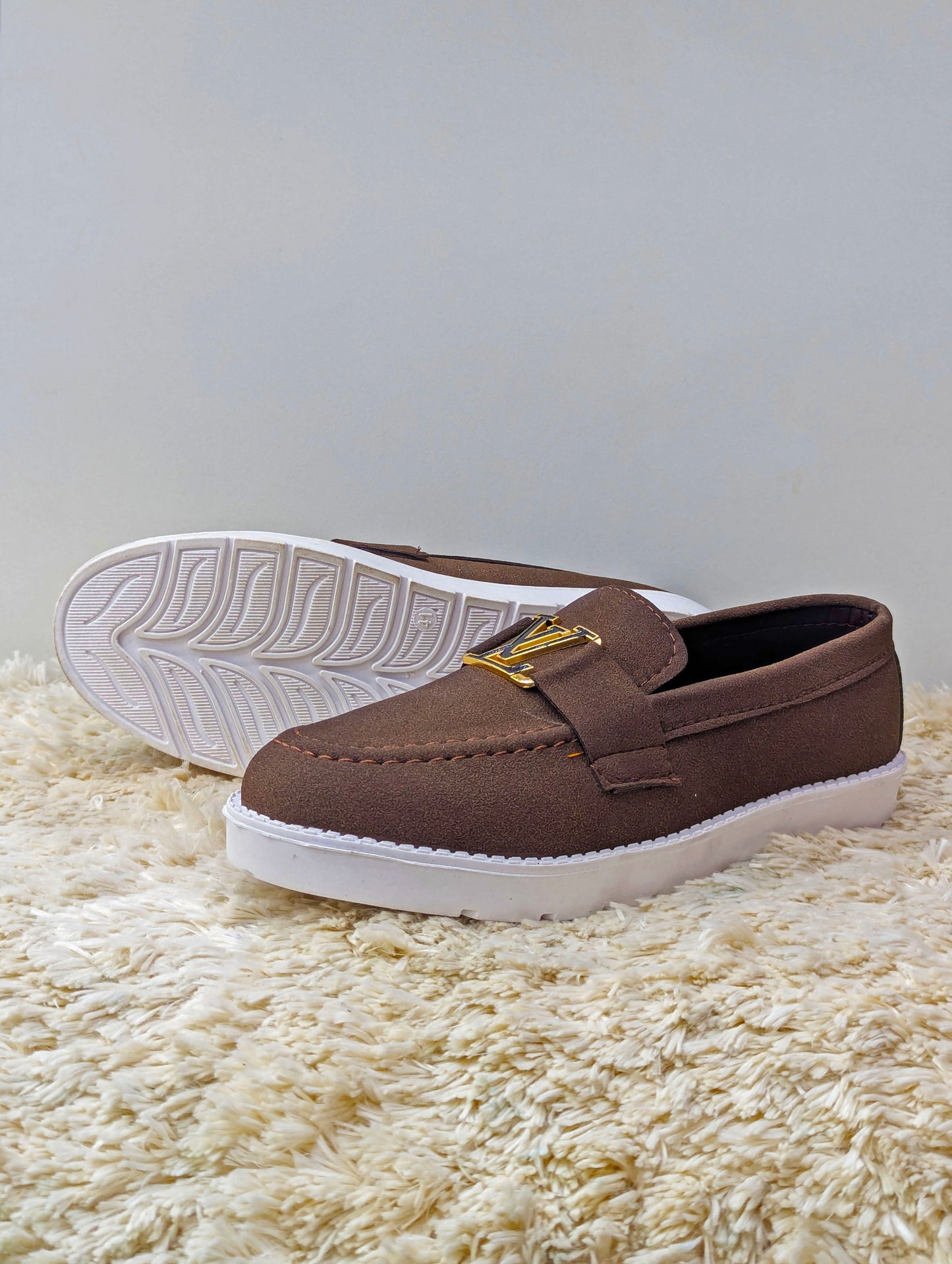 Suede Men’s Loafers – LV Buckle & White Rubber Sole