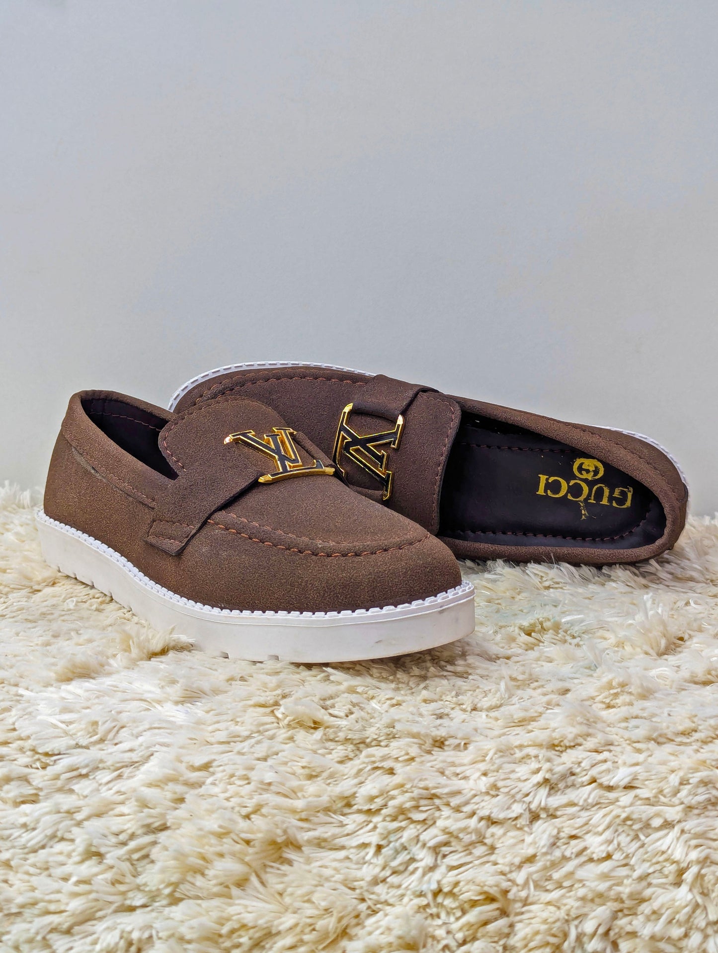 Suede Men’s Loafers – LV Buckle & White Rubber Sole