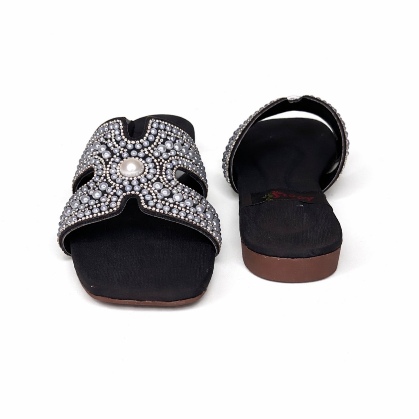 Women’s Black Embellished Flat Slide Sandals