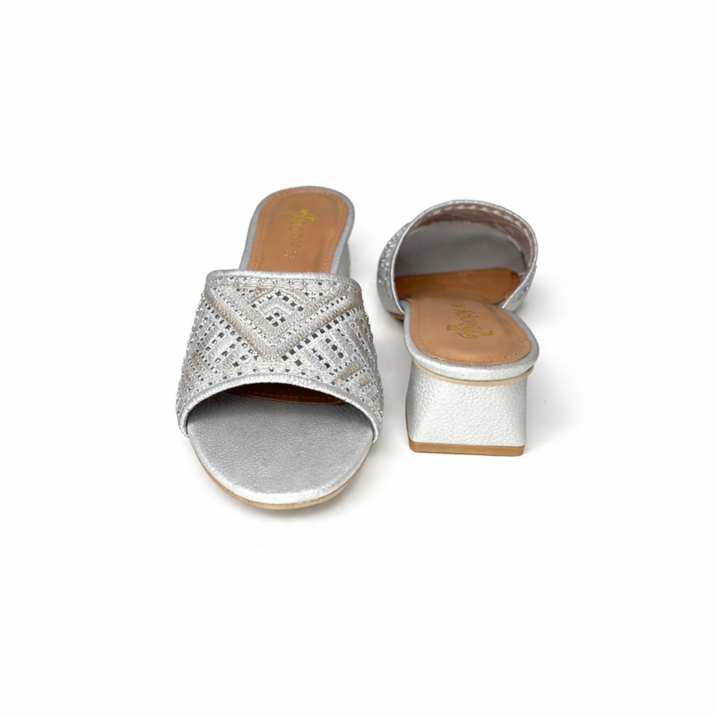 Women’s Silver Embroidered Block Heel Slide Sandals