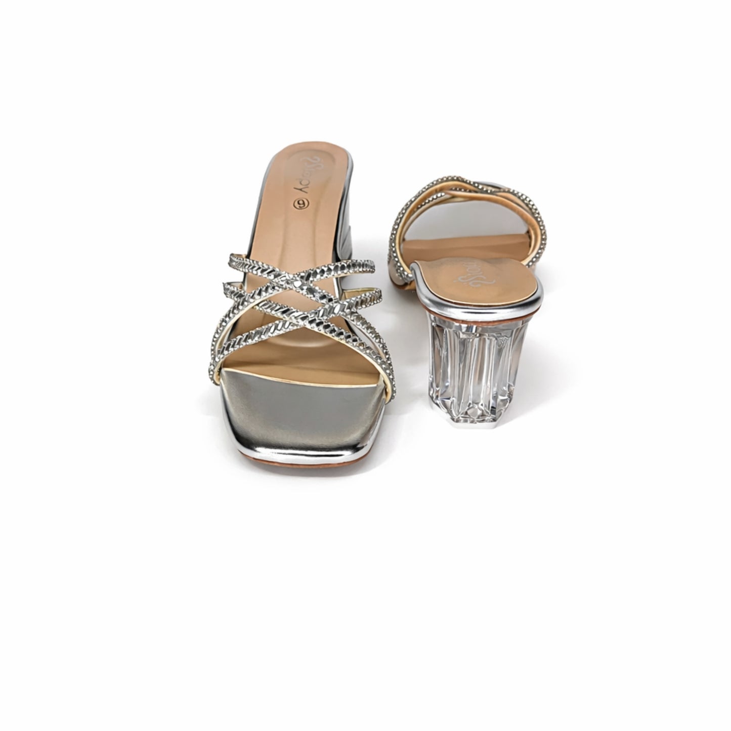 Women’s Silver Crystal Strap Block Heel Slide Sandals