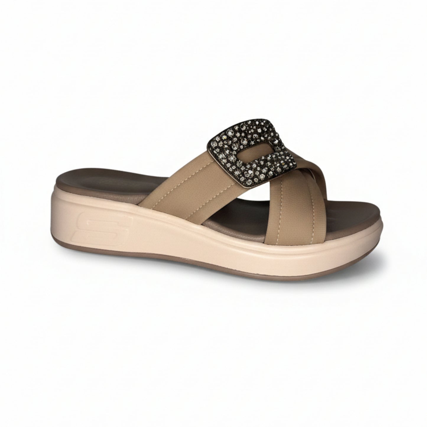 Women’s Taupe Buckle Detail Flat Slide Sandals