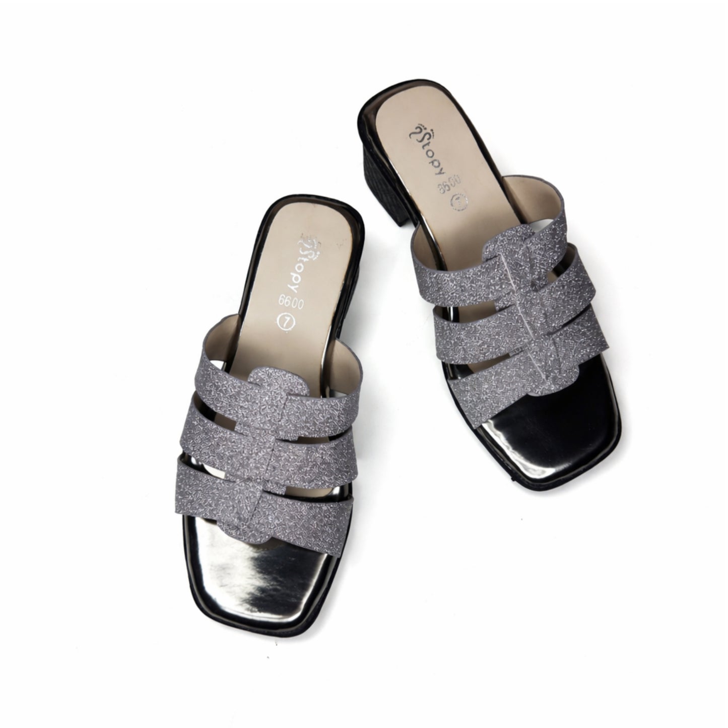 Women’s Silver Block Heel Slide Sandals