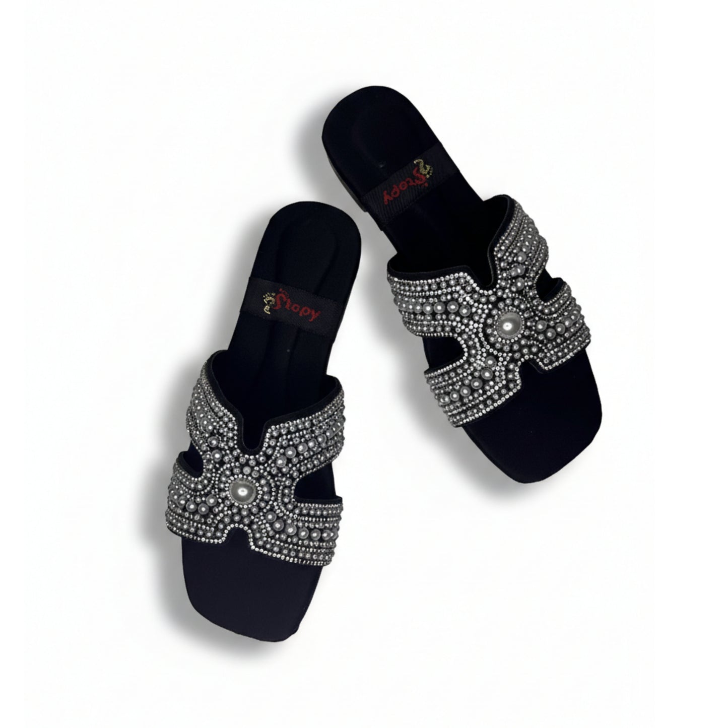 Women’s Black Embellished Flat Slide Sandals