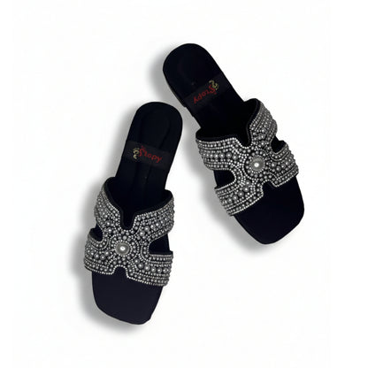 Women’s Black Embellished Flat Slide Sandals