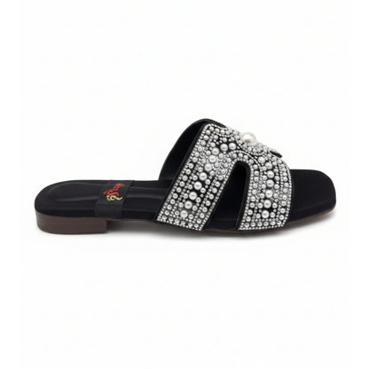Women’s Black Embellished Flat Slide Sandals