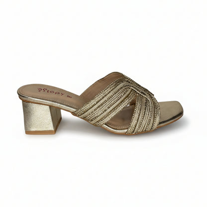 Women’s Gold Embellished Block Heel Slide Sandals