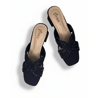 Women’s Black Embellished Block Heel Slide Sandals