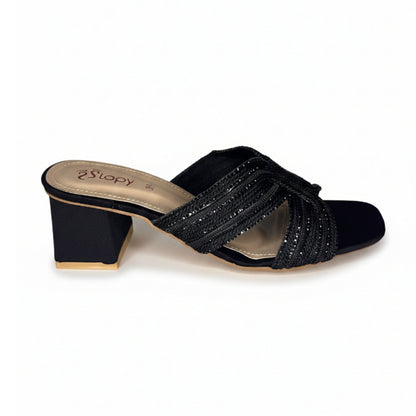 Women’s Black Embellished Block Heel Slide Sandals