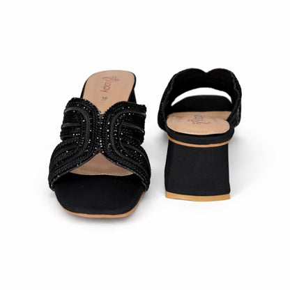 Women’s Black Embellished Block Heel Slide Sandals