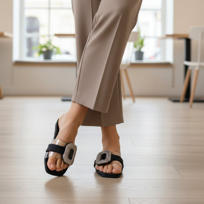 Women’s Burgundy Buckle Flat Slide Sandals