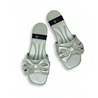 Women’s Sage Green Bow Detail Flat Slide Sandals