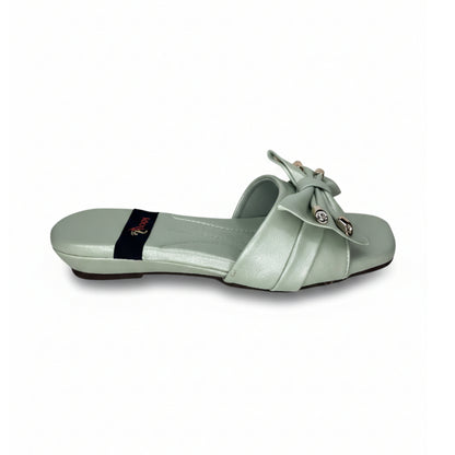 Women’s Sage Green Bow Detail Flat Slide Sandals