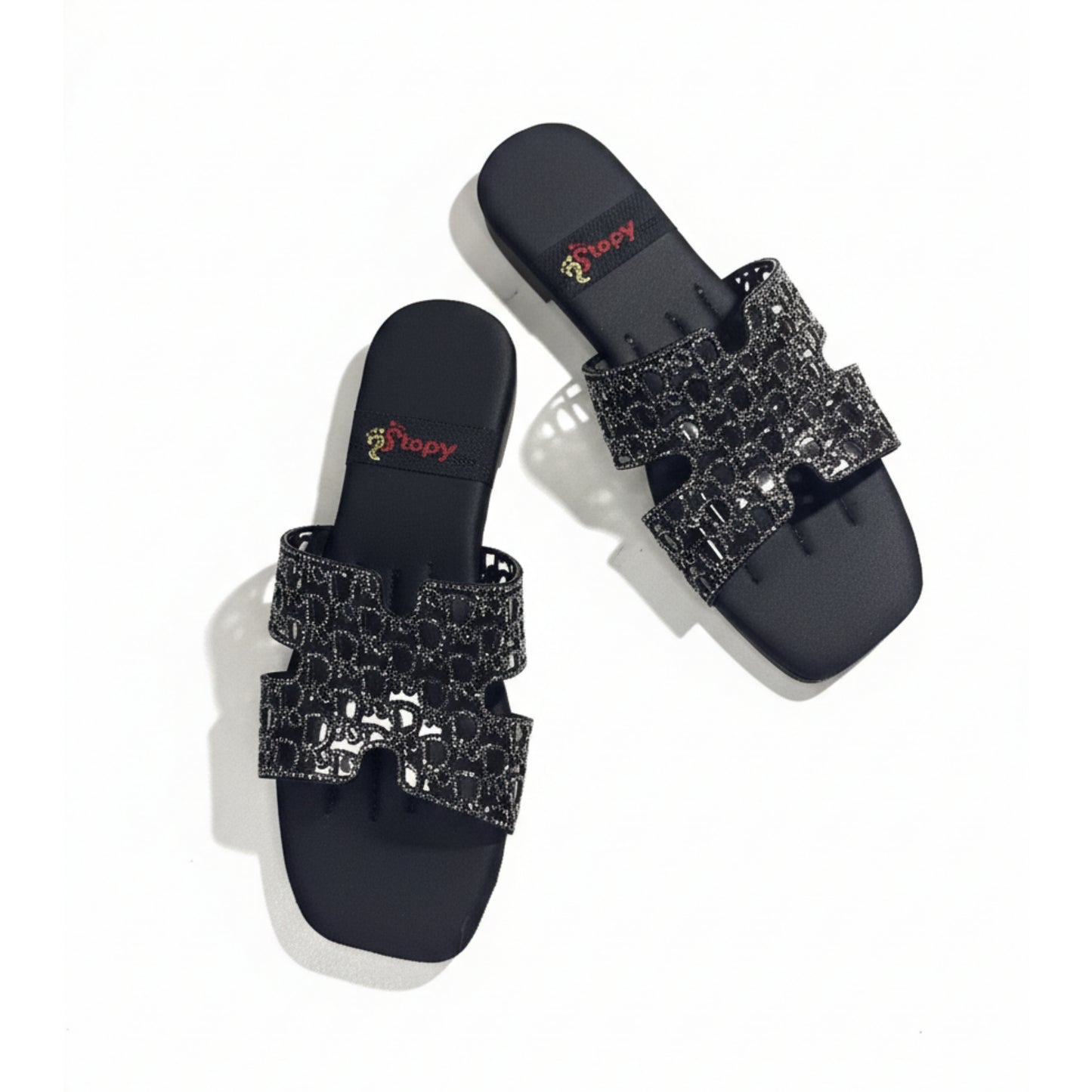 Women’s Black Embellished Flat Slide Sandals