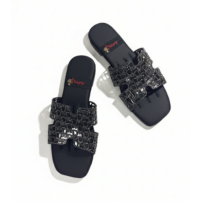 Women’s Black Embellished Flat Slide Sandals
