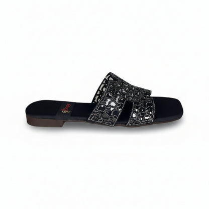 Women’s Black Embellished Flat Slide Sandals
