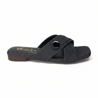 Women’s Black Cross Strap Flat Slide Sandals