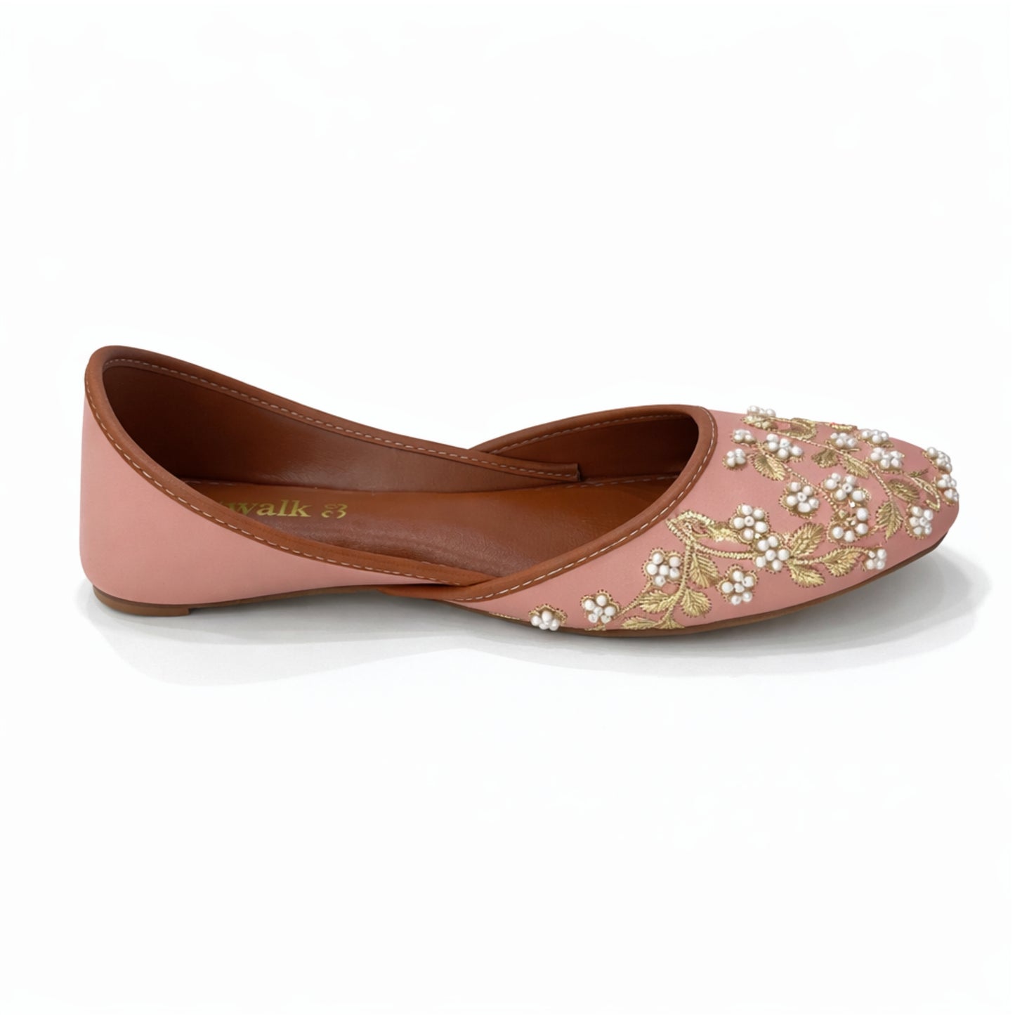 Elegant Pearl & Gold Embroidered Women’s Khussa Flats – Beige Traditional Jutti