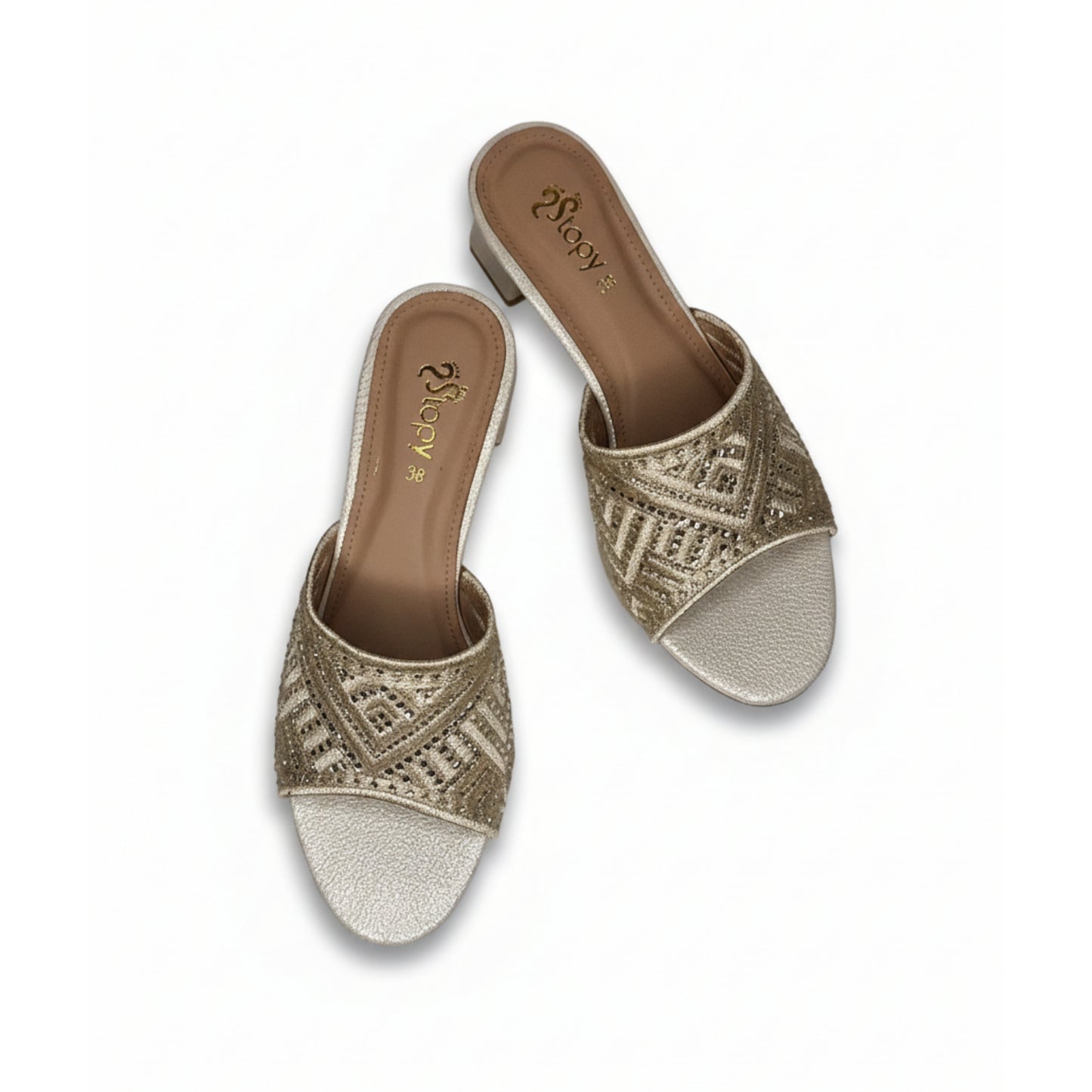 Women’s Gold Embroidered Block Heel Slide Sandals