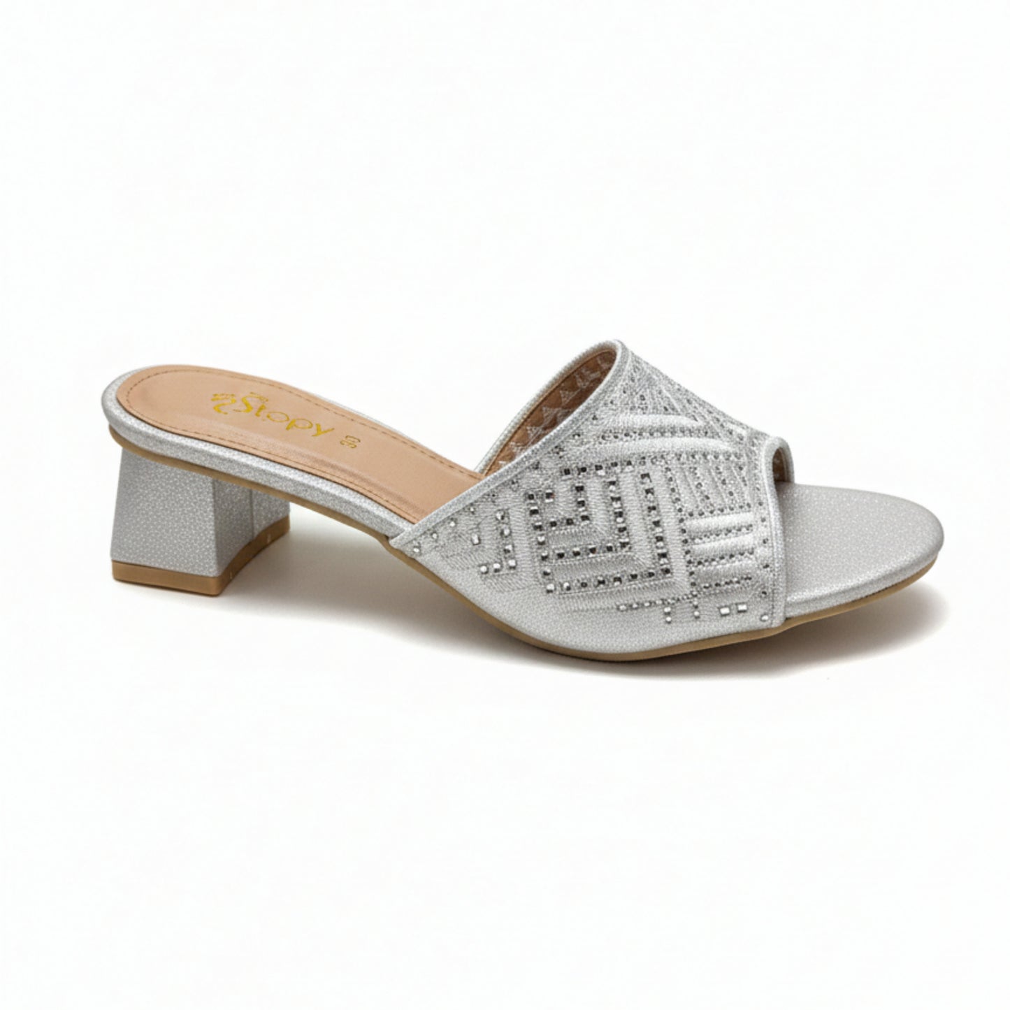 Women’s Silver Embroidered Block Heel Slide Sandals