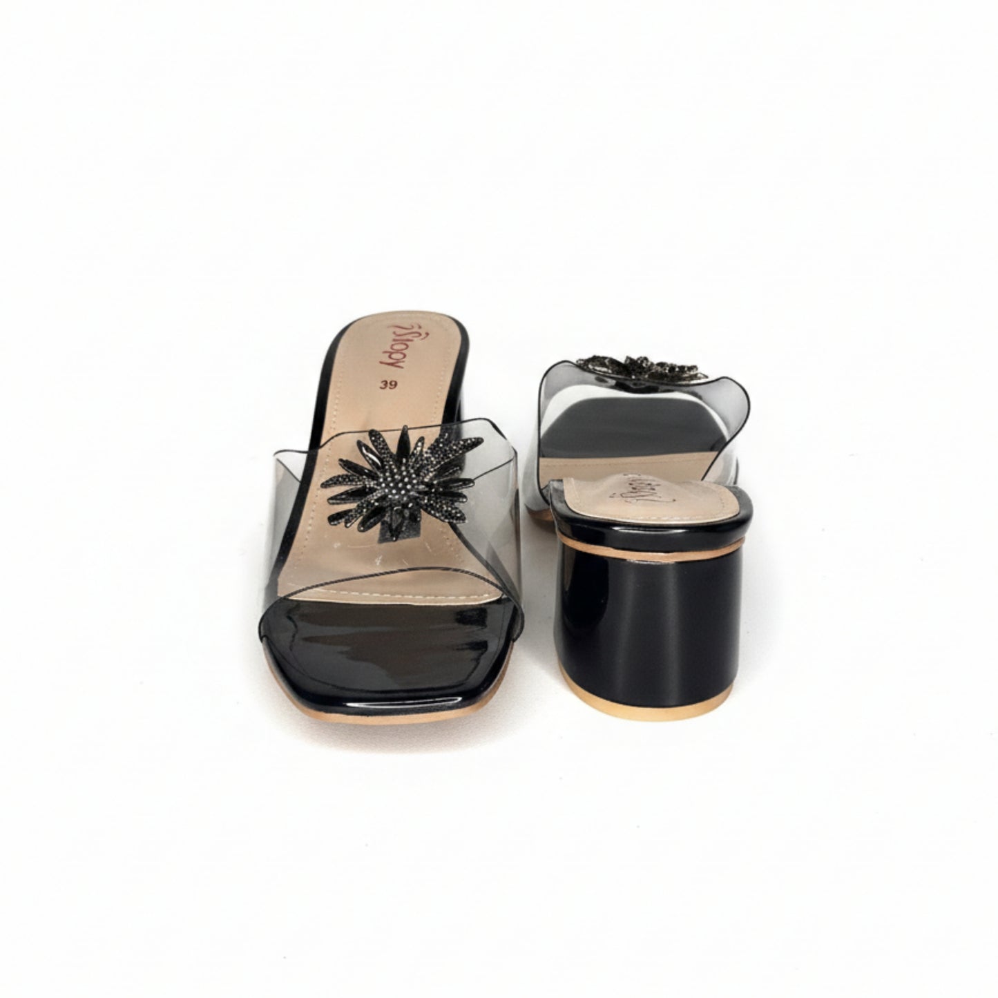 Women’s Clear Strap Embellished Block Heel Slide Sandals