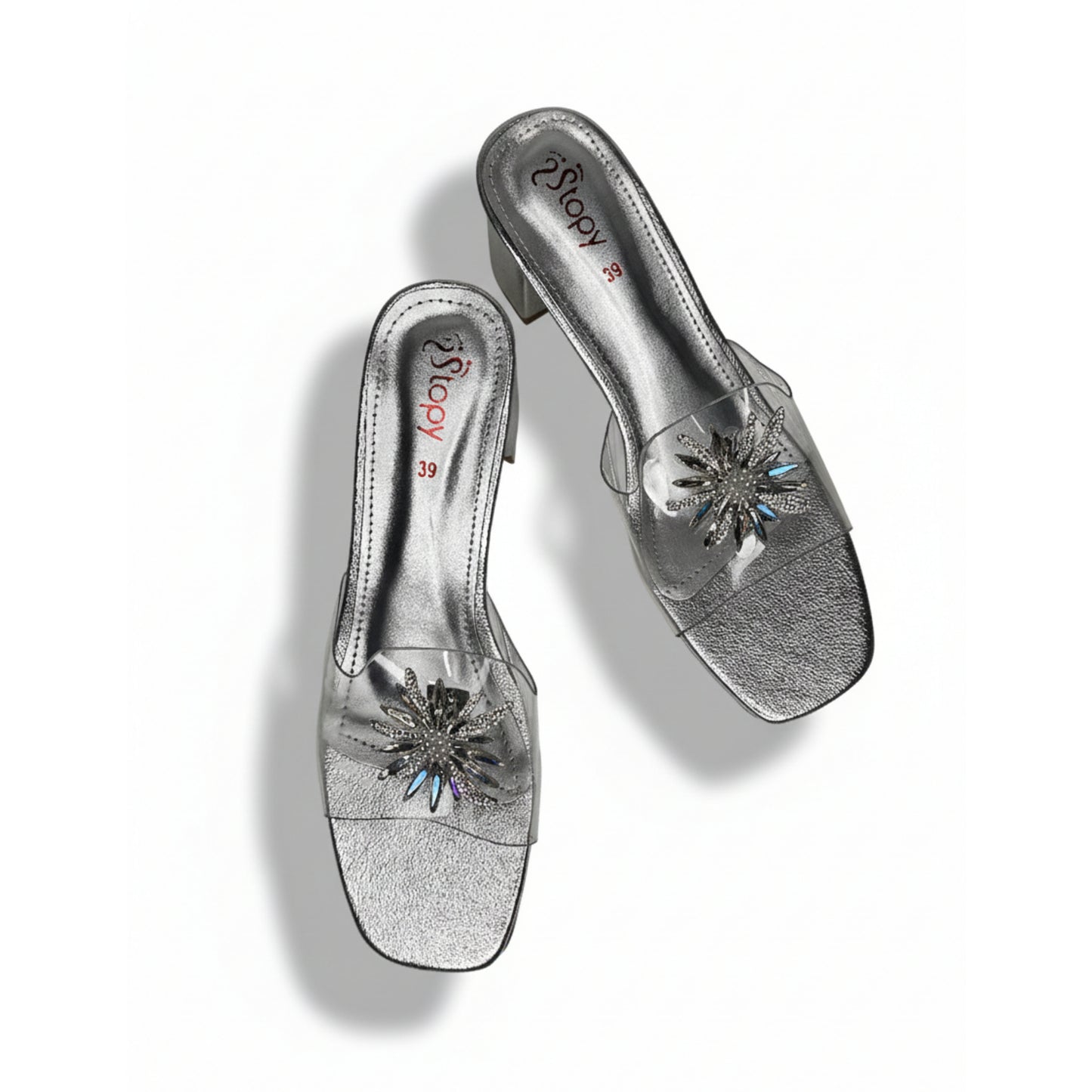 Women’s Clear Strap Embellished Block Heel Slide Sandals