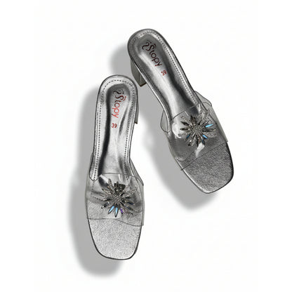 Women’s Clear Strap Embellished Block Heel Slide Sandals