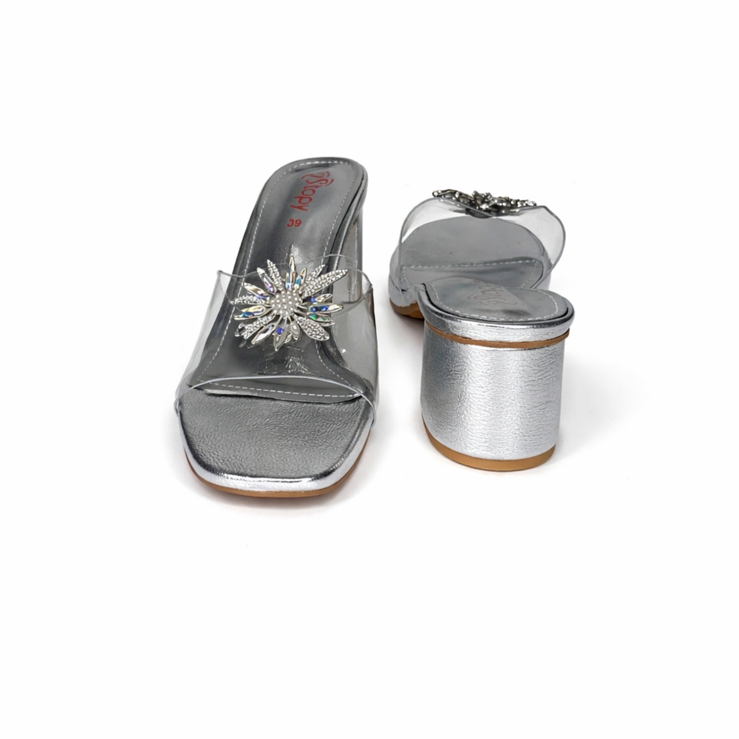 Women’s Clear Strap Embellished Block Heel Slide Sandals