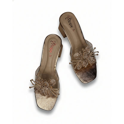 Women’s Gold Clear Strap Embellished Block Heel Slide Sandals