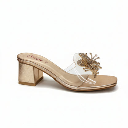 Women’s Gold Clear Strap Embellished Block Heel Slide Sandals