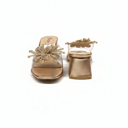 Women’s Gold Clear Strap Embellished Block Heel Slide Sandals