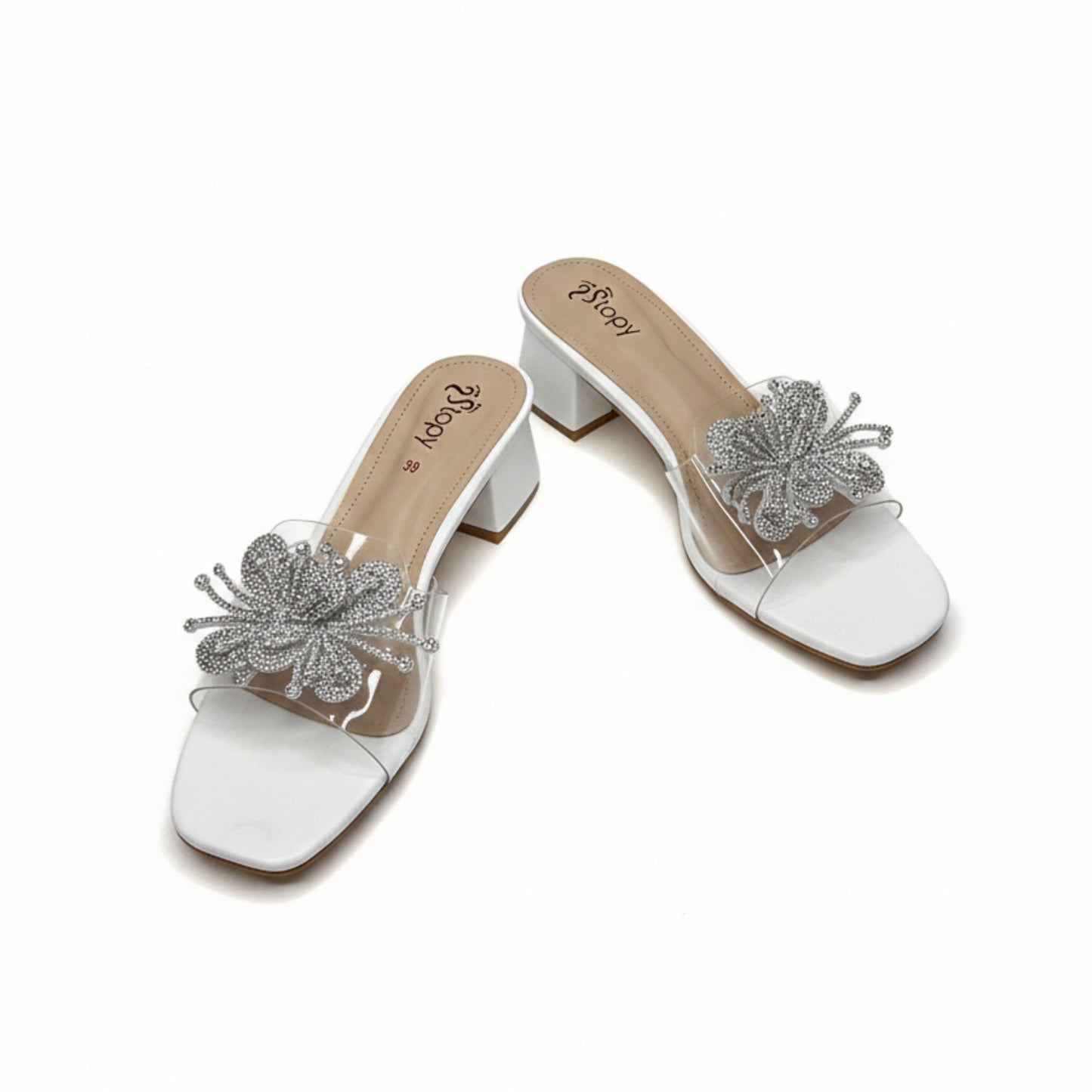 Women’s Silver Clear Strap Embellished Block Heel Slide Sandals