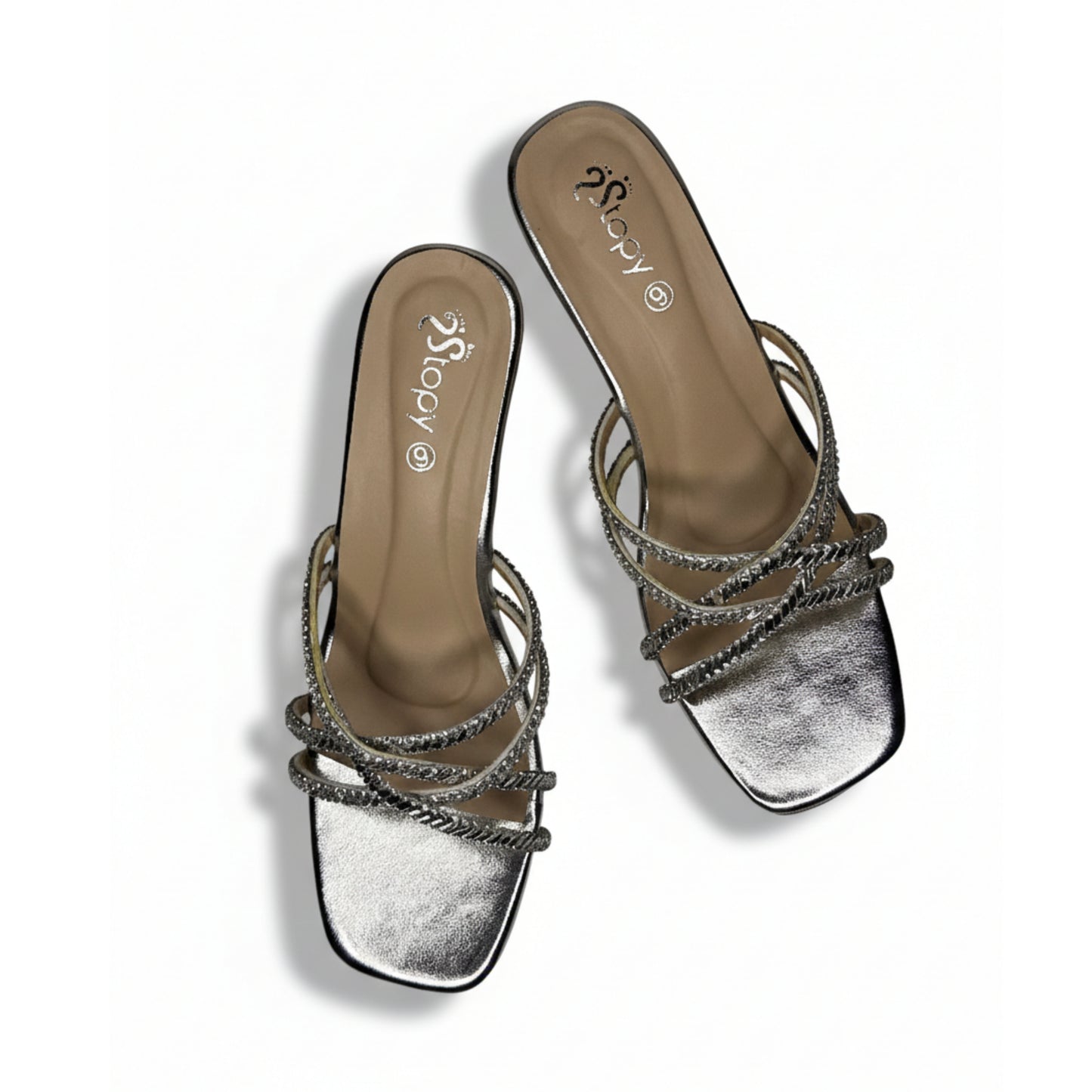 Women’s Silver Crystal Strap Block Heel Slide Sandals