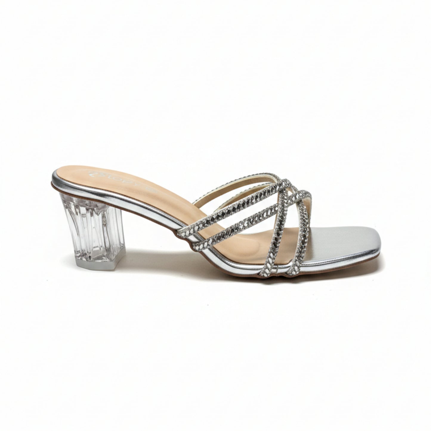 Women’s Silver Crystal Strap Block Heel Slide Sandals
