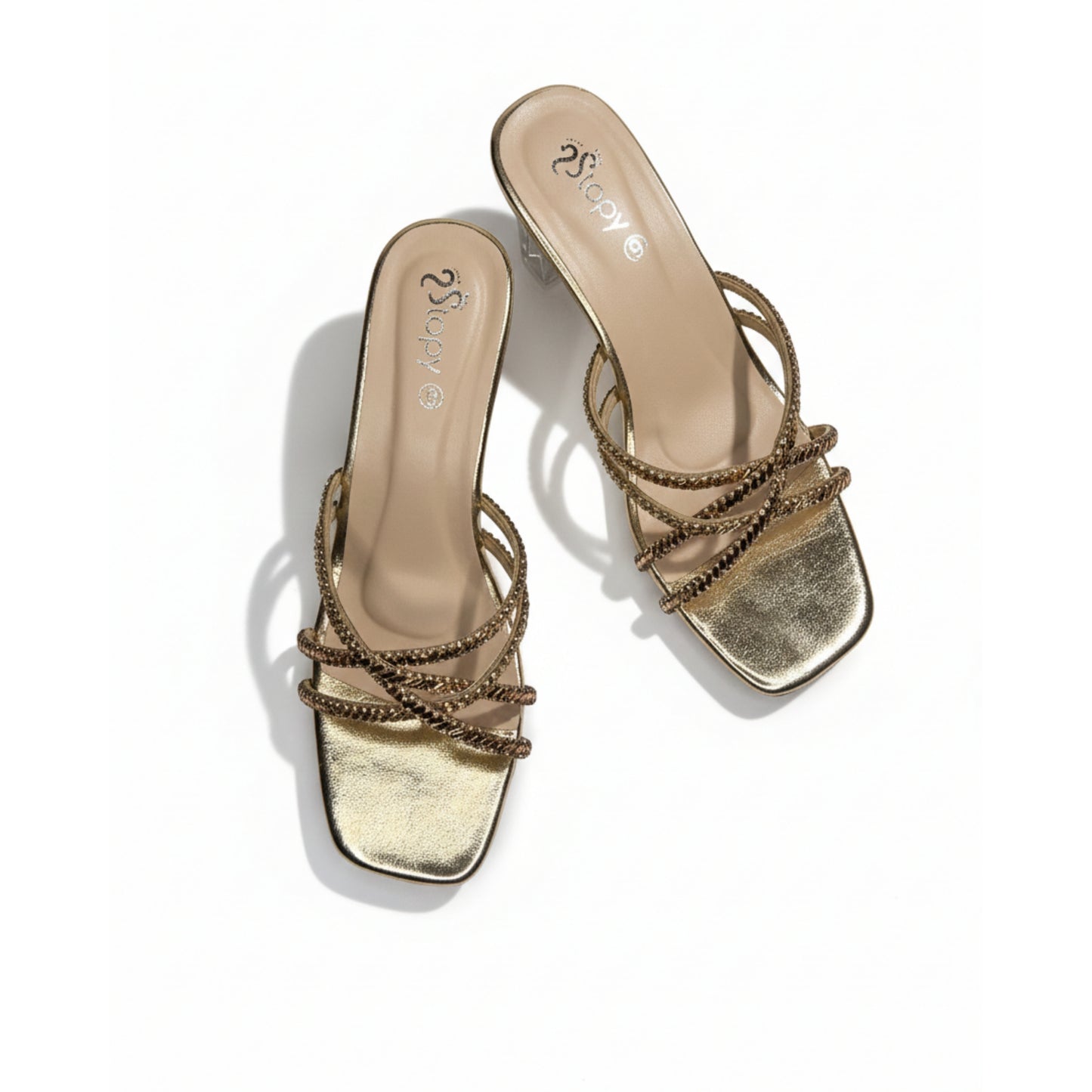 Women’s Gold Crystal Strap Block Heel Slide Sandals