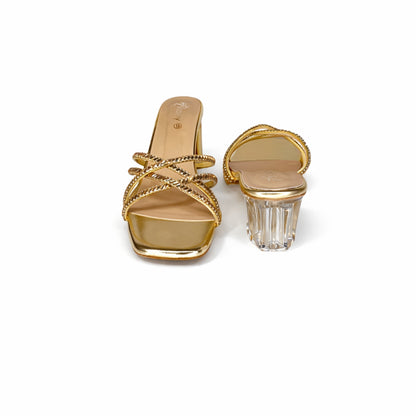 Women’s Gold Crystal Strap Block Heel Slide Sandals