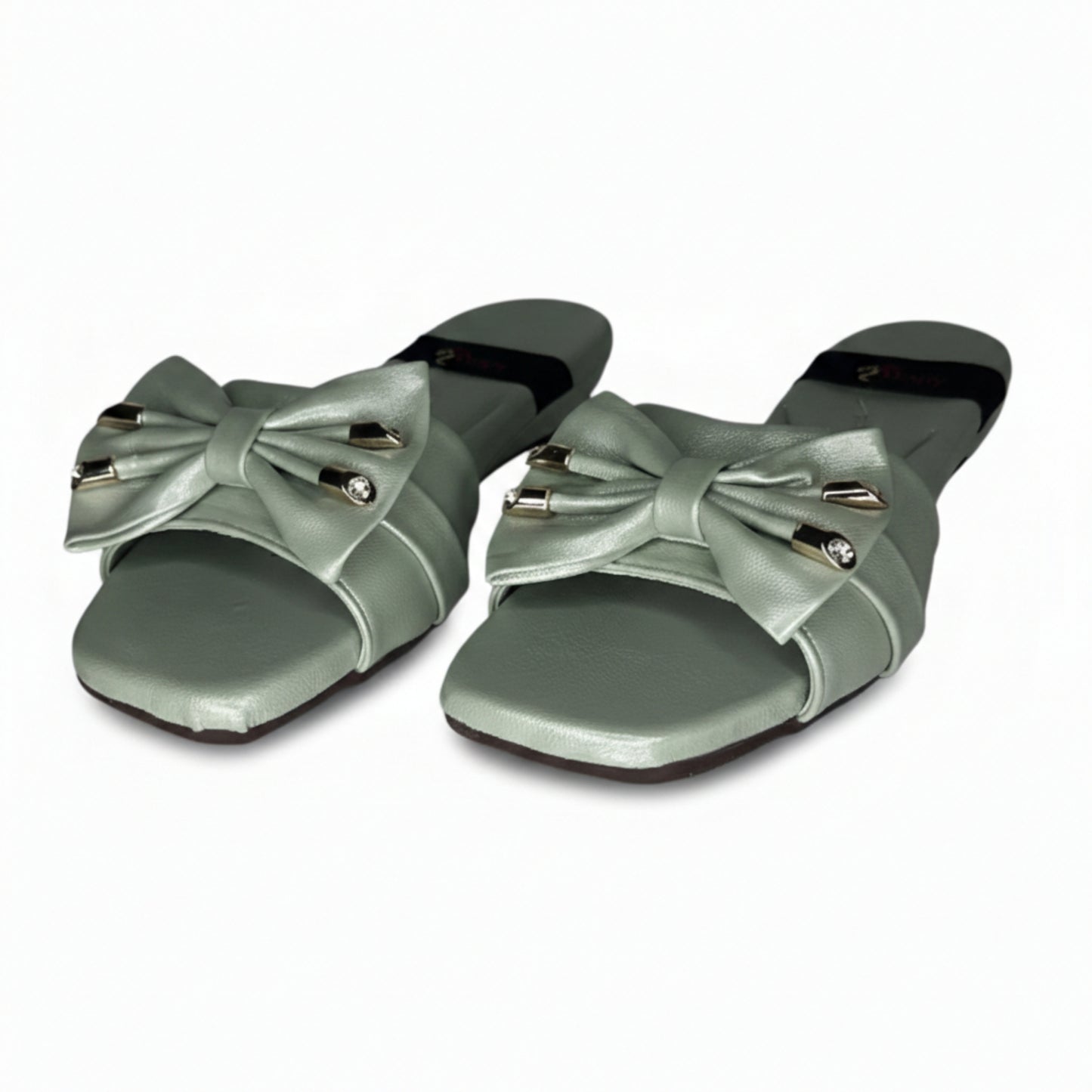 Women’s Sage Green Bow Detail Flat Slide Sandals