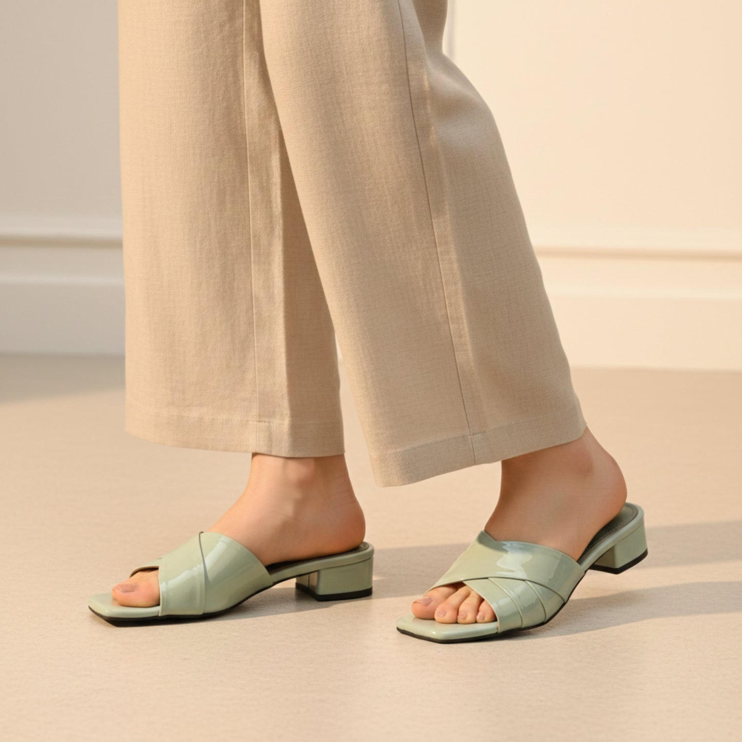 Women’s Sage Green Block Heel Slide Sandals