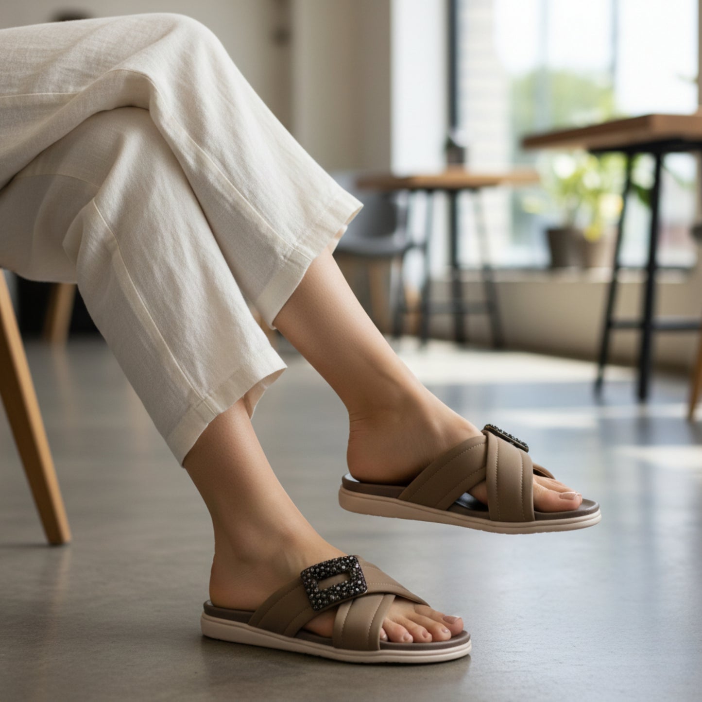 Women’s Taupe Buckle Detail Flat Slide Sandals