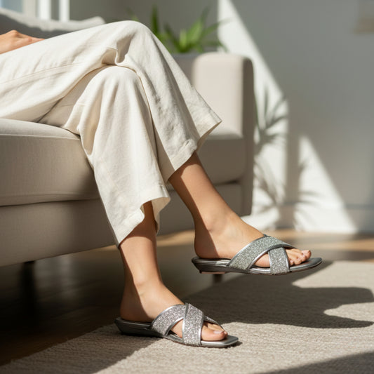 Women’s Silver Glitter Flat Slide Sandals