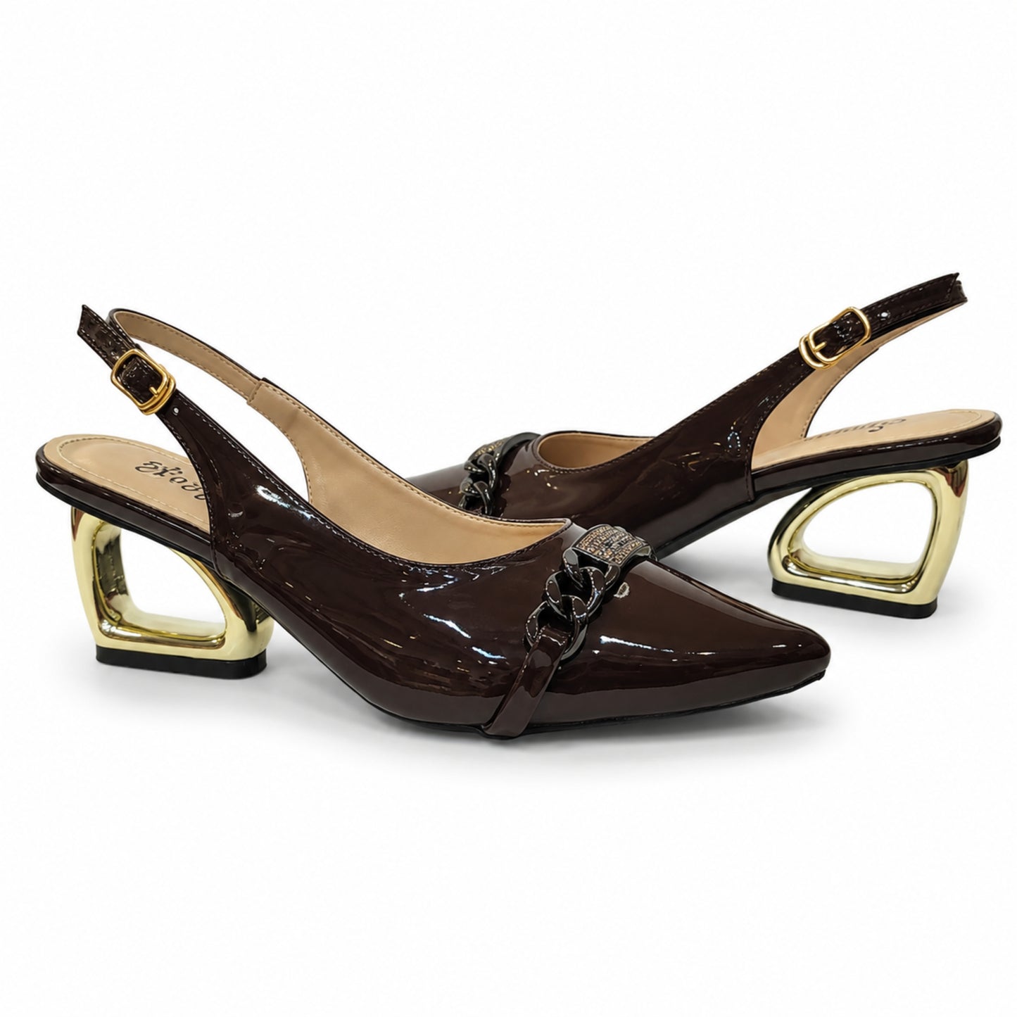 Noir Chain Slingback Golden Loop Sling – Elegant Women's Heels