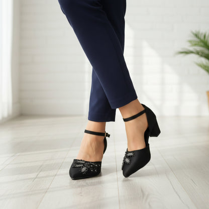 Women’s Black Embellished Ankle Strap Low Heels