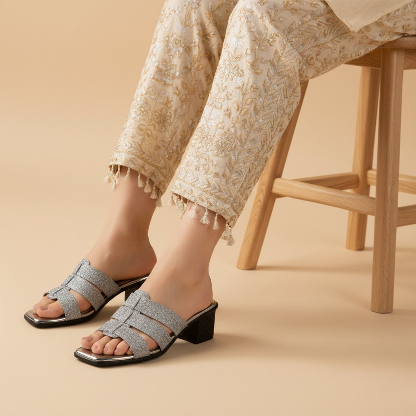 Women’s Silver Block Heel Slide Sandals