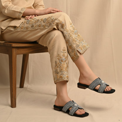 Women’s Black Embellished Flat Slide Sandals