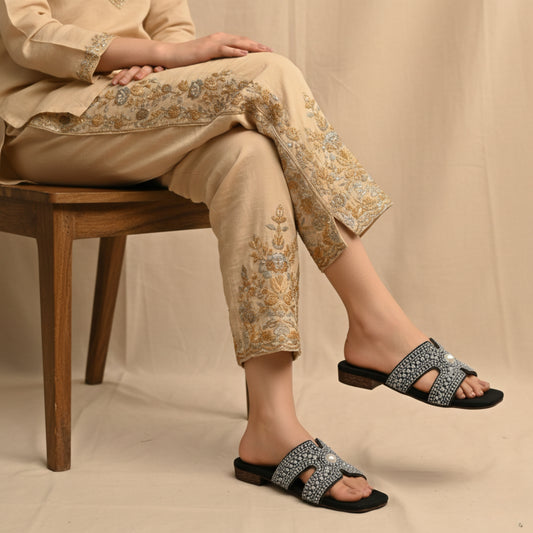 Women’s Black Embellished Flat Slide Sandals