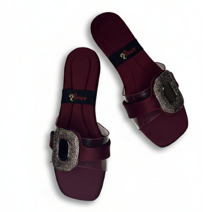 Women’s Burgundy Buckle Detail Flat Slide Sandals