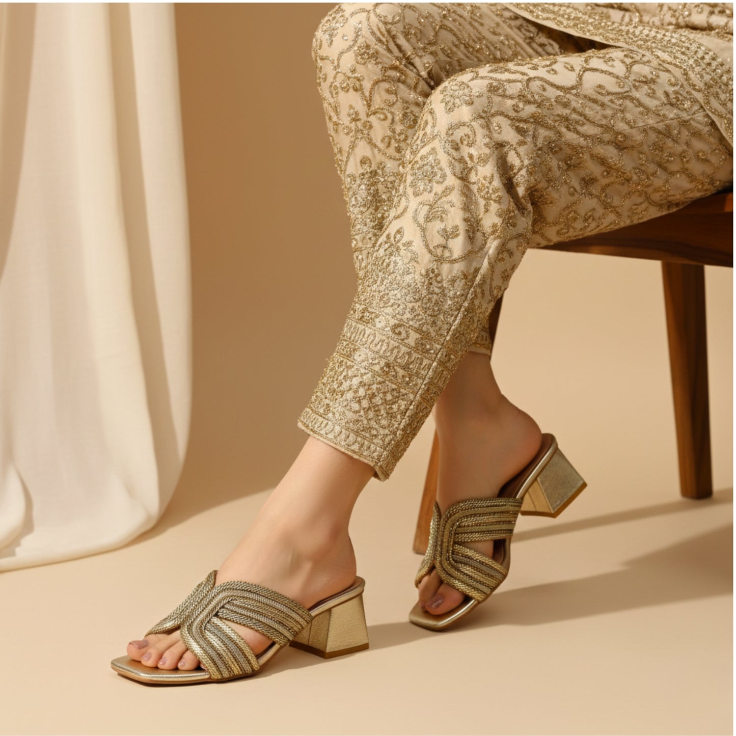 Women’s Gold Embellished Block Heel Slide Sandals