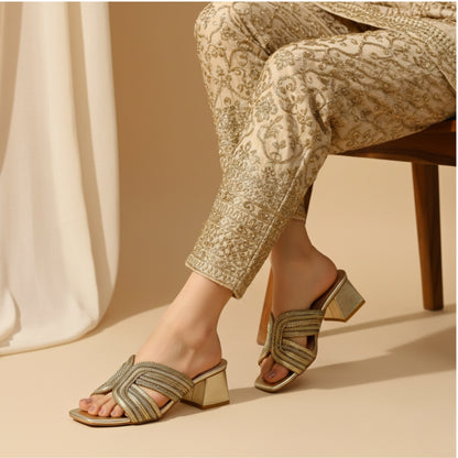 Women’s Gold Embellished Block Heel Slide Sandals