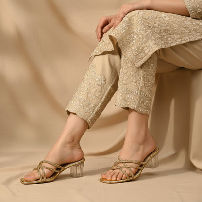 Women’s Gold Crystal Strap Block Heel Slide Sandals