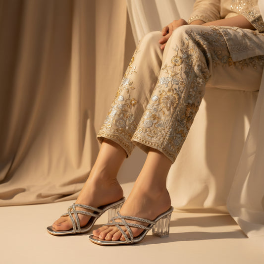 Women’s Silver Crystal Strap Block Heel Slide Sandals